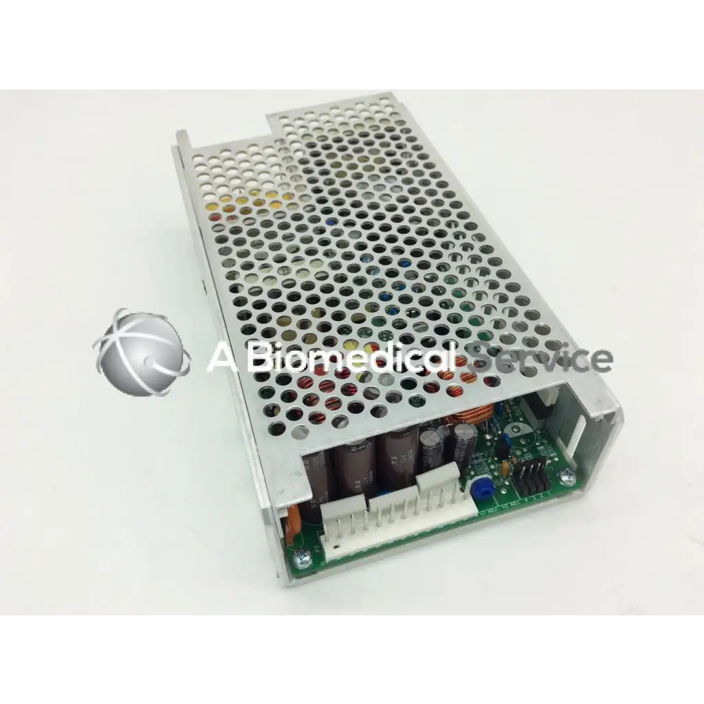 Silver perforated metal ce-150-4102 power supply with visible internal circuit board and capacitors for integrated power design