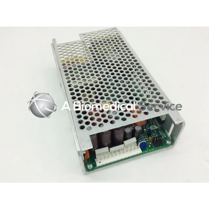 Silver perforated metal ce-150-4102 power supply with visible internal circuit board and capacitors for integrated power design