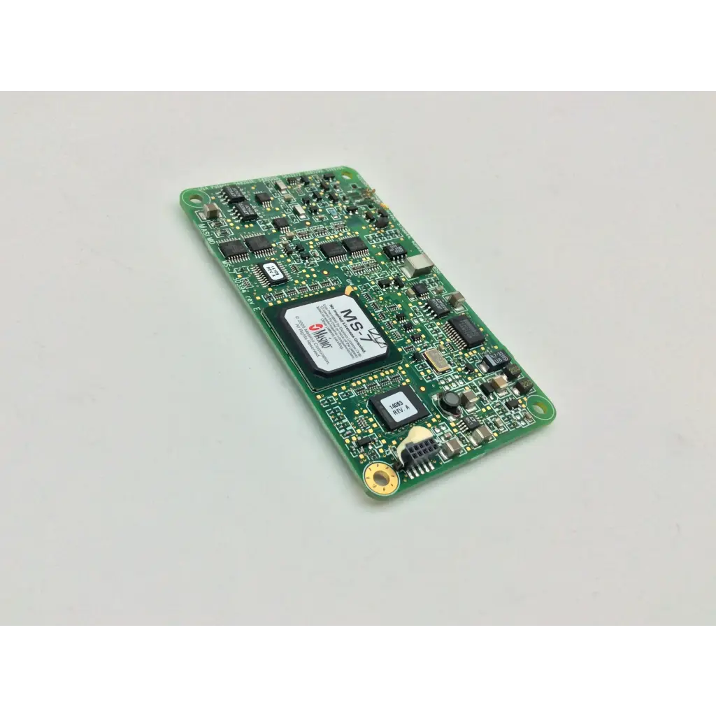 Green masimo spo2 ms-11 pcb board with black integrated circuits and white label marked msx on its surface