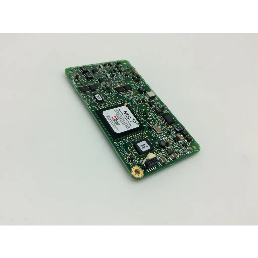 Green rectangular pcb board with black integrated circuits and white mss logo label for masimo spo2 ms-11 device