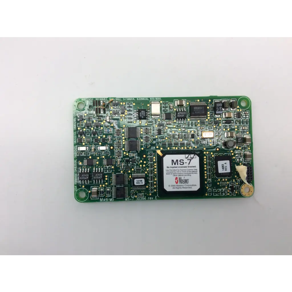 Green masimo spo2 ms-11 pcb board with black and silver electronic components labeled ms-7 for spo2 devices