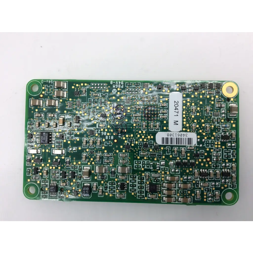 Green rectangular masimo spo2 ms-11 pcb board with electronic components and white labeling stickers for spo2 monitoring