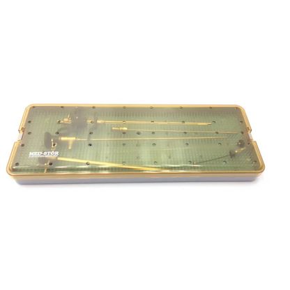 Gold-colored delicate instrument tray p7540 with wolf tools in a transparent case by med-star for precision use