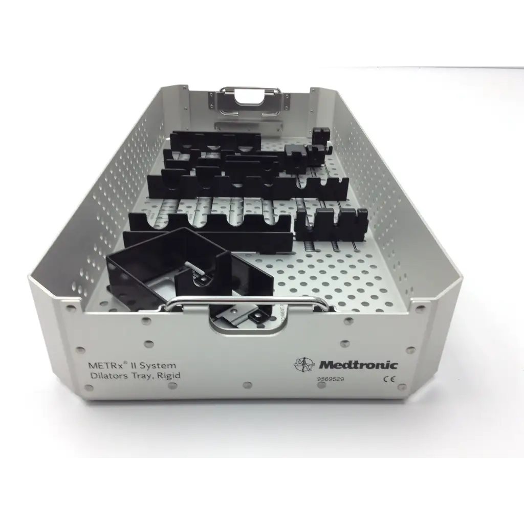 Silver metallic metrx surgical case with black rigid dilators tray and surgical instruments by medtronic