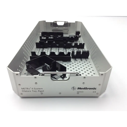 Silver metallic metrx surgical case with black rigid dilators tray and surgical instruments by medtronic