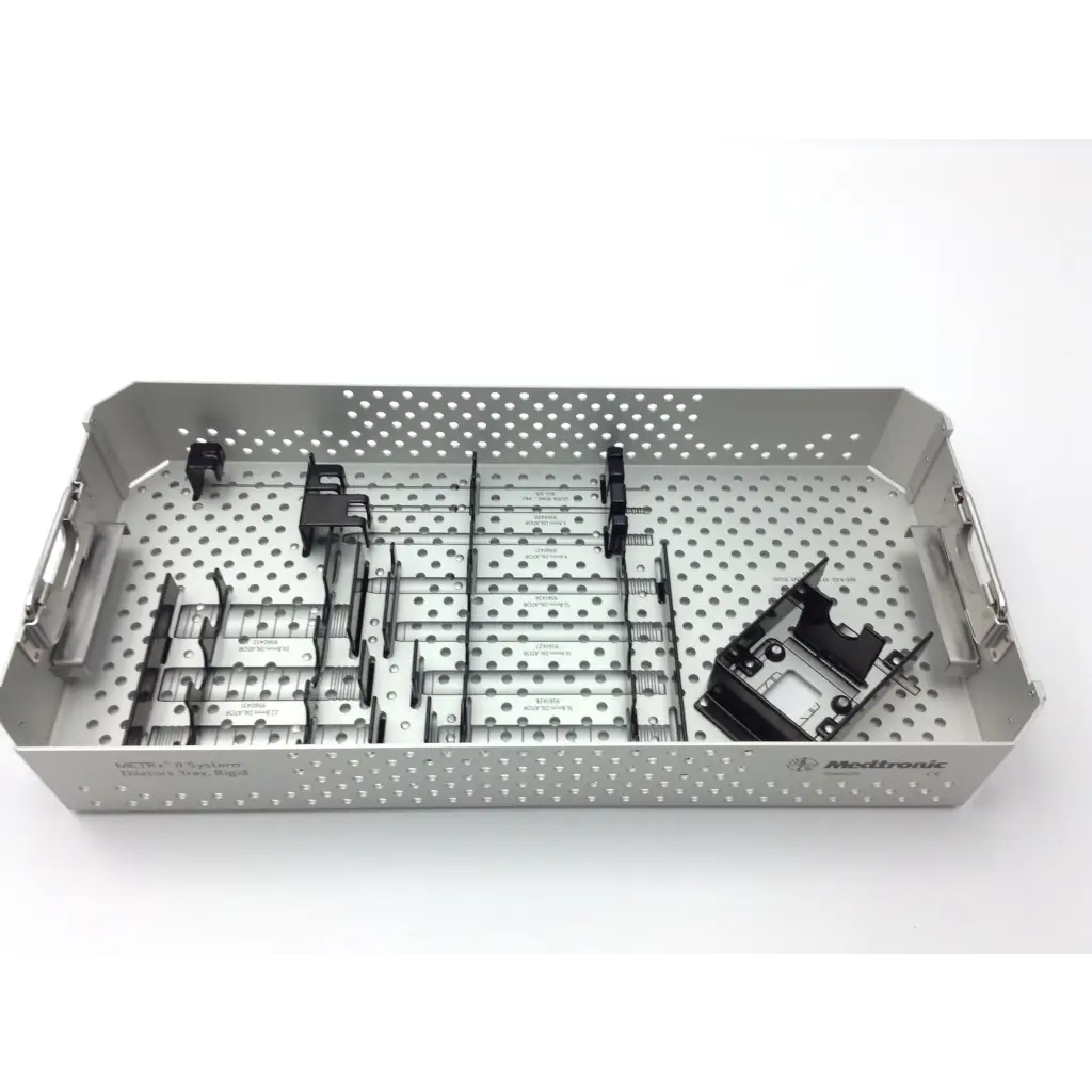 Silver perforated metal metrx surgical case tray with black plastic organizers and labeled compartments for instruments