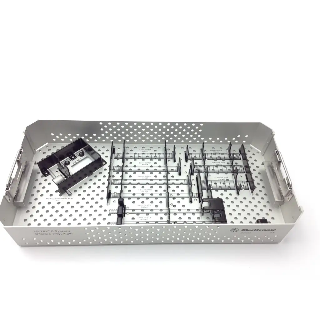 Silver perforated metal metrx surgical case with organized compartments holding black and metallic medical instruments