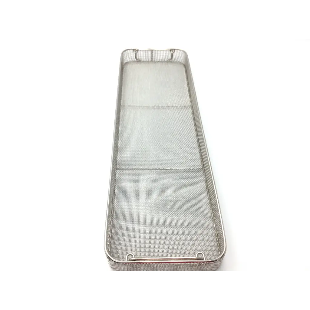 Silver stainless steel mesh sterilization basket with reinforced edges and integrated handles for surgical instruments