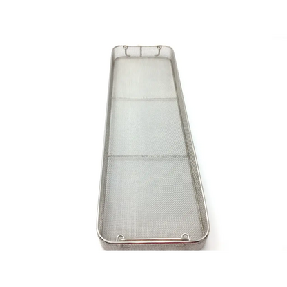 Silver stainless steel mesh sterilization basket with reinforced edges and integrated handles for surgical instruments