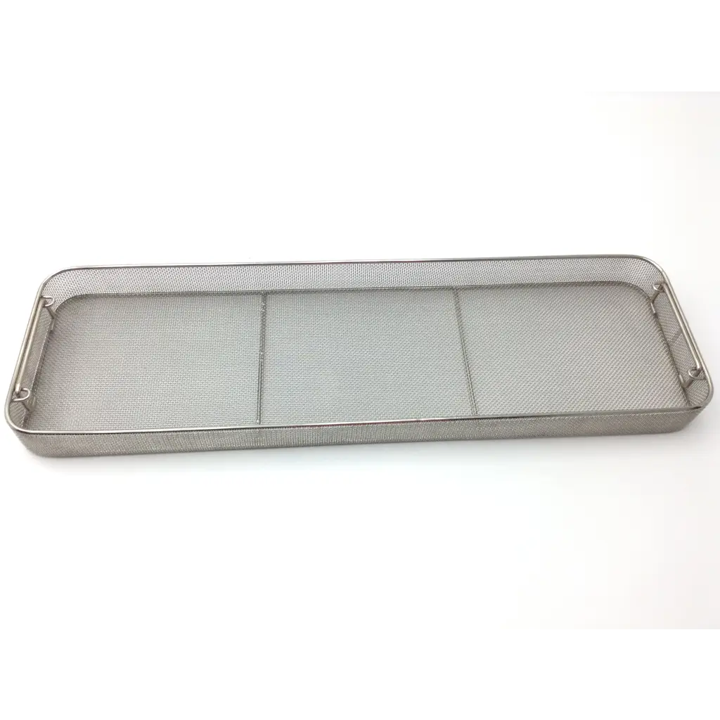 Silver mesh sterilization basket with three compartments and reinforced handles for surgical use