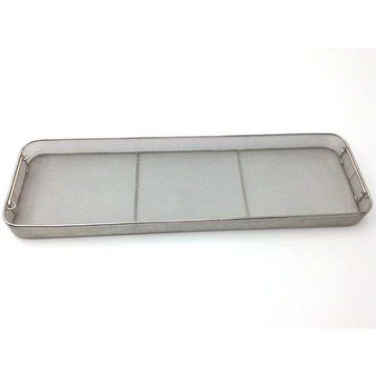 Silver mesh sterilization basket with three compartments and reinforced handles for surgical use