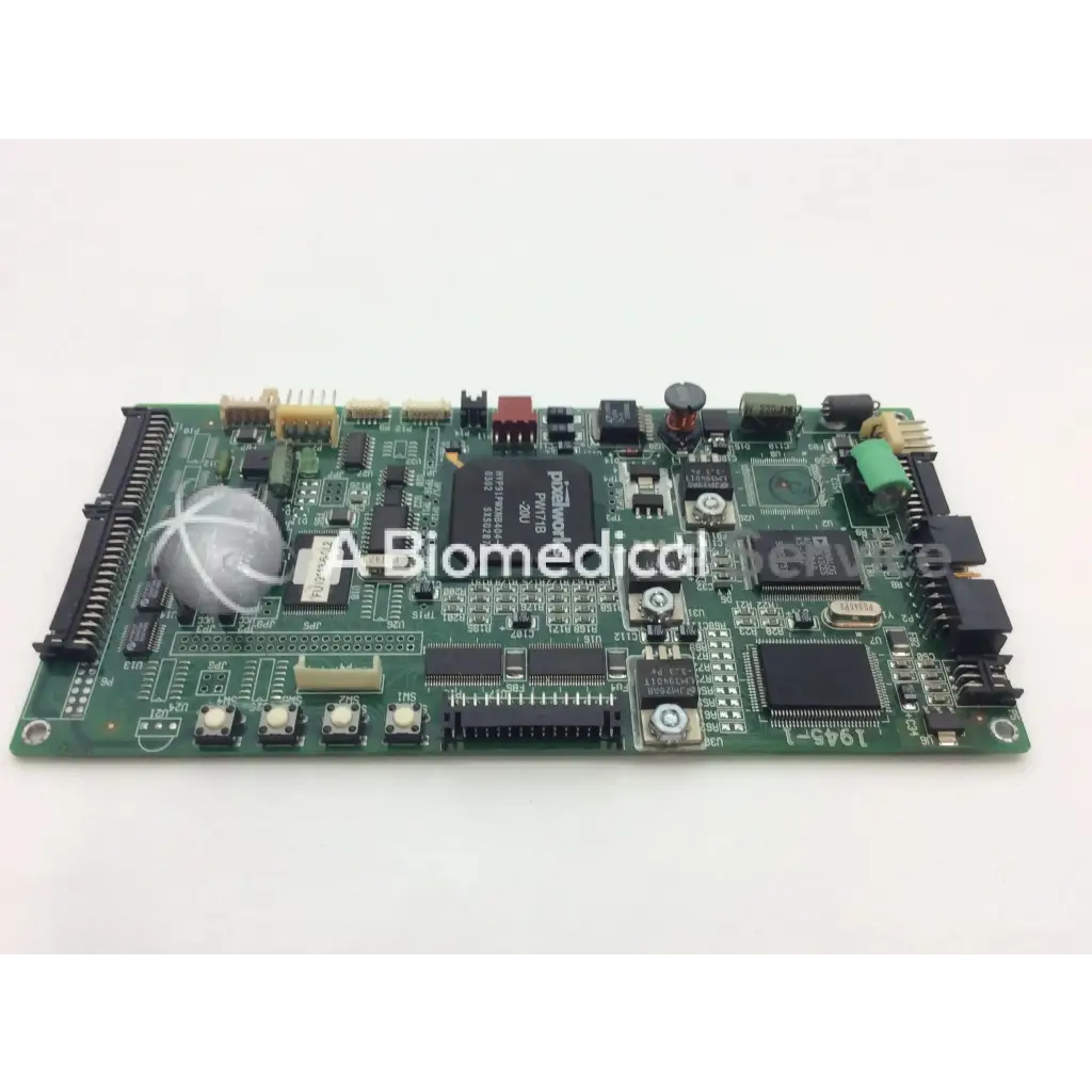 Green printed circuit board with electronic components and connectors for national display system 16a0030 rev c1 pcb