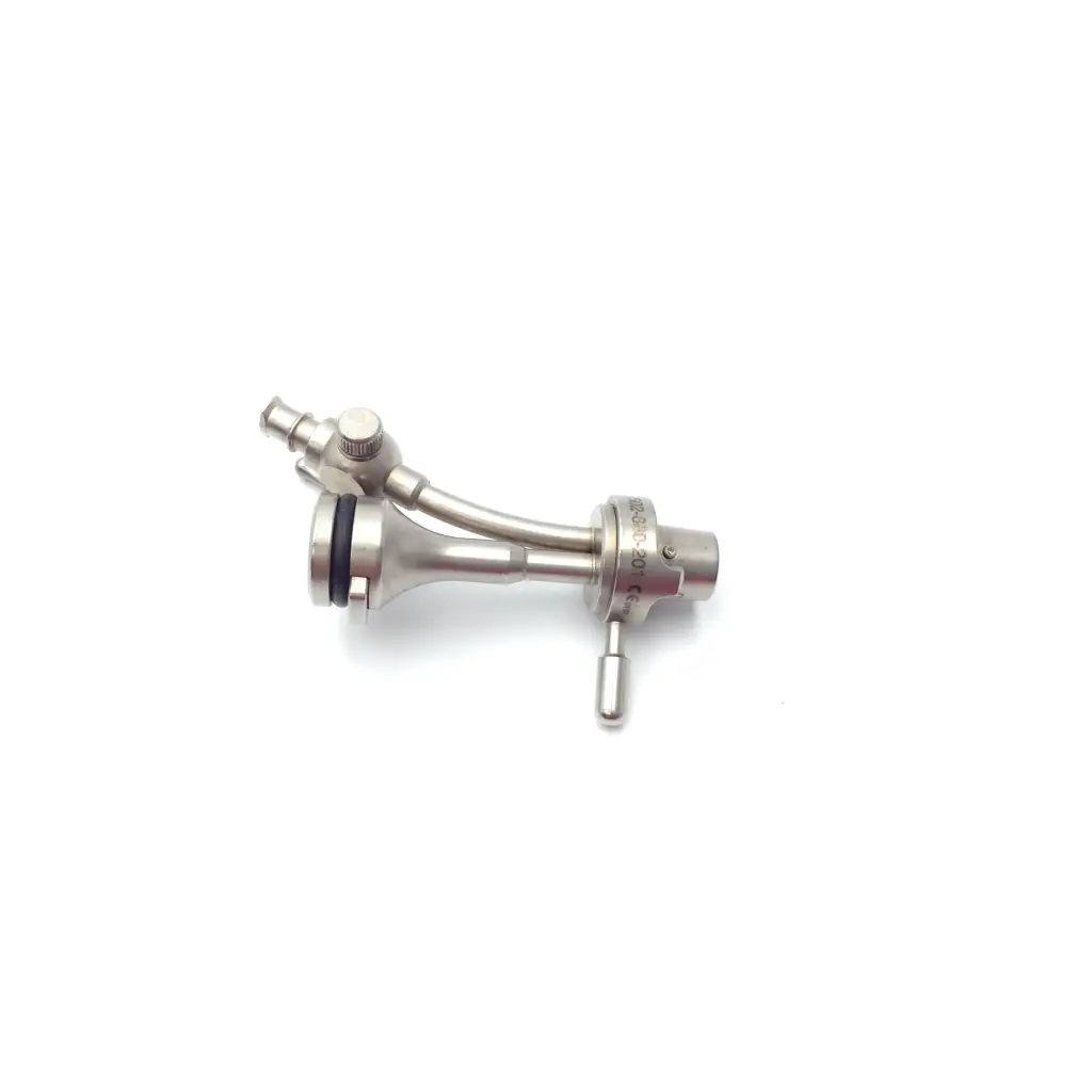 Silver Nezhat-Dorsey hydro-dissection system probe tip set with curved metallic body, threaded connections, and black rubber seal