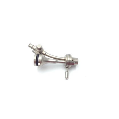Silver Nezhat-Dorsey hydro-dissection system probe tip set with curved metallic body, threaded connections, and black rubber seal