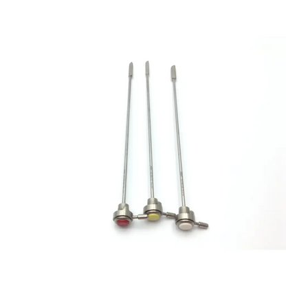 Three stainless steel surgical forceps with red yellow and white tips from nezhat-dorsey hydro-dissection probe tip set