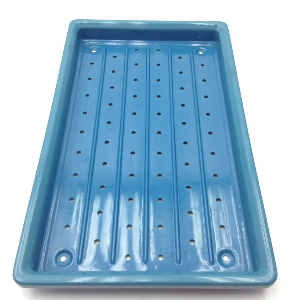 Blue rectangular plastic tray with evenly spaced perforations for Nezhat-Dorsey hydro-dissection probe tip set