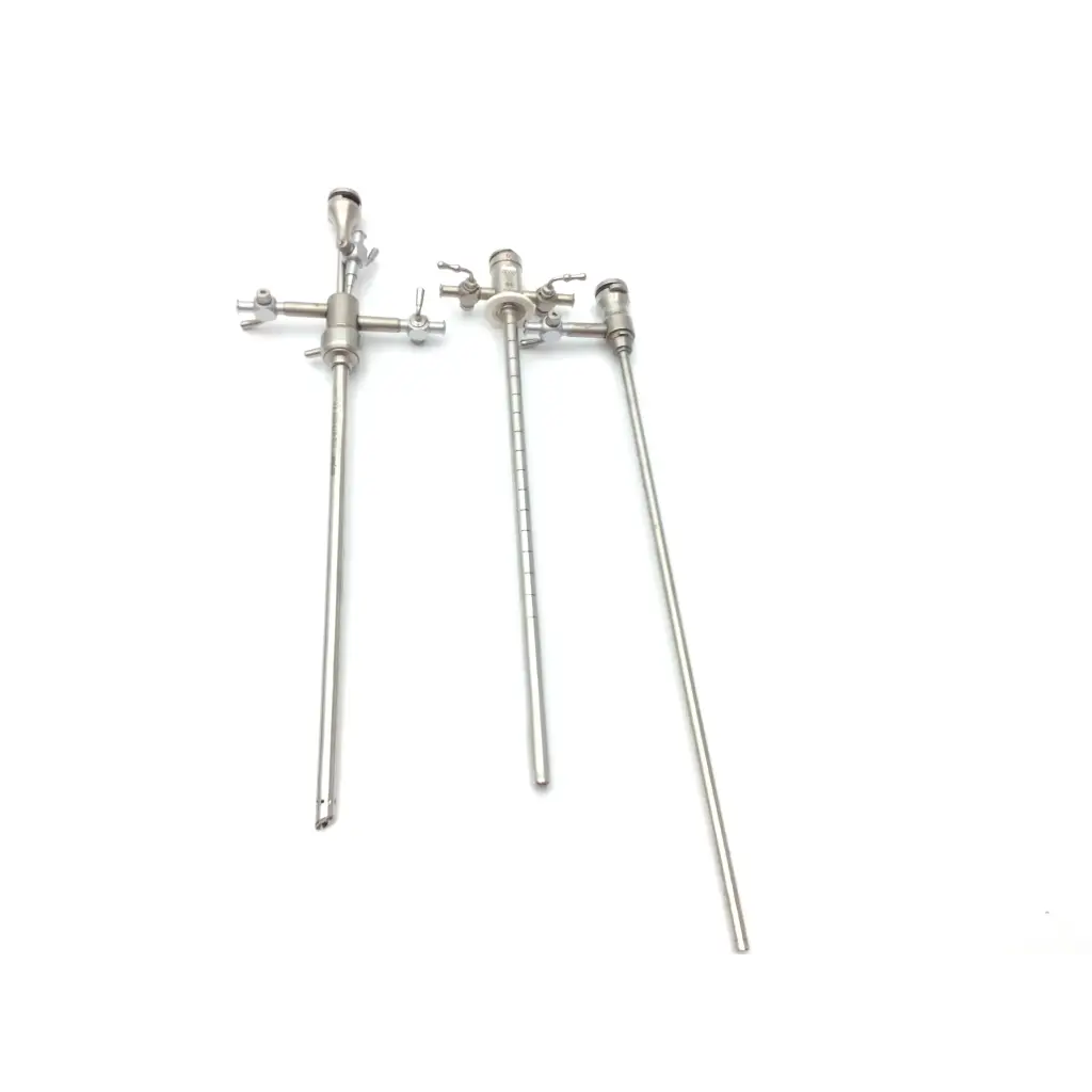 Two stainless steel surgical instruments with articulated joints in the nezhat-dorsey hydro-dissection probe tip set
