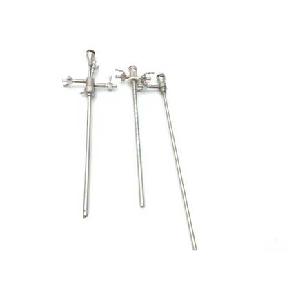 Two stainless steel surgical instruments with articulated joints in the nezhat-dorsey hydro-dissection probe tip set