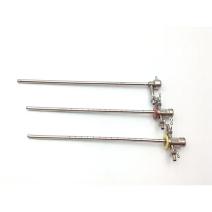 Three stainless steel surgical endoscopes with red and yellow rubber seals in the nezhat-dorsey hydro-dissection probe tip set
