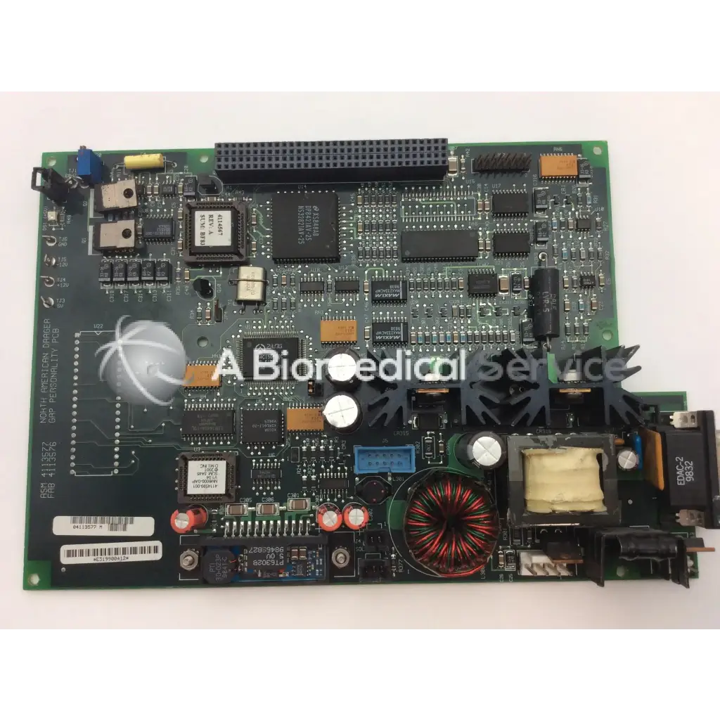 Green circuit board with black and silver components and red coil winding labeled as a biomedical service product for north american drager gap personality pcb