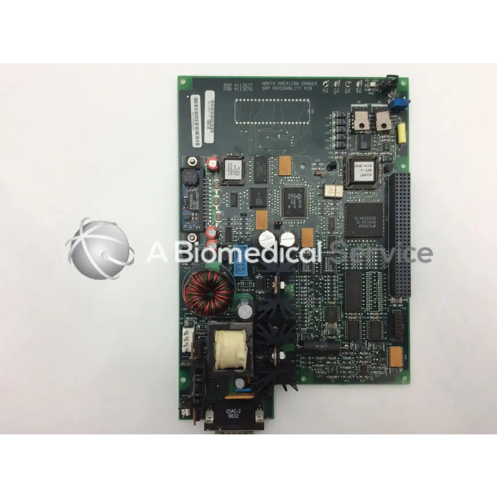 Green circuit board labeled hda-1024 with black orange components and red coil transformer for north american drager gap personality pcb