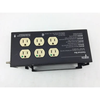 Black ohmeda electrical box risk class with six cream outlets and green indicator lights for 100 120v 10a use