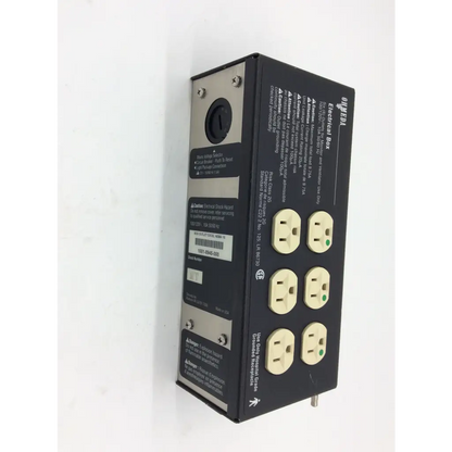 Black olymeda electrical box risk class model 1001-8945-000 with six cream outlets and grounding port for 100/120v use