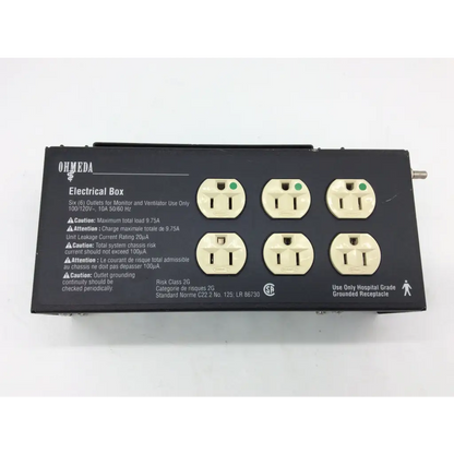 Black ohmeda electrical box risk class 100 with six cream grounded outlets for 100 120v 10a use