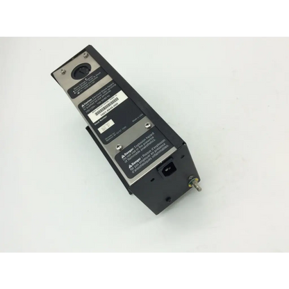 Black rectangular industrial electrical box risk class ohmeda 1001-8945-000 with silver plates and warning labels