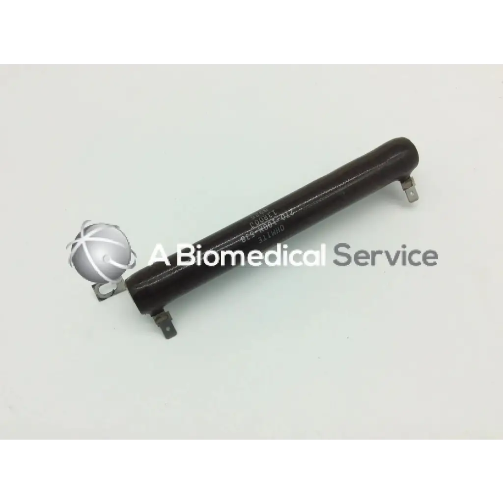 Black cylindrical Ohmite 270-100m-538 vitreous enamel resistor with metallic end connectors for electrical use