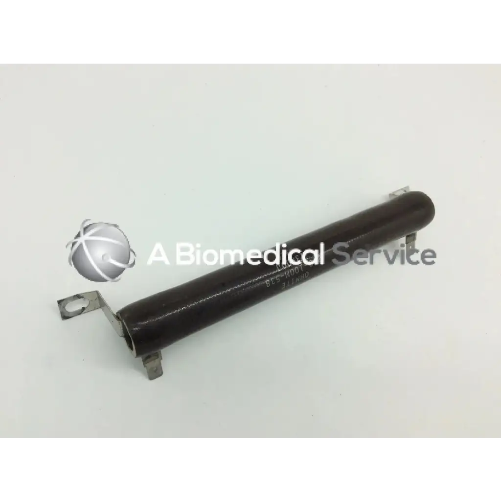 Ohmite 270-100m-538 black cylindrical vitreous enamel resistor with metallic mounting brackets for electrical use