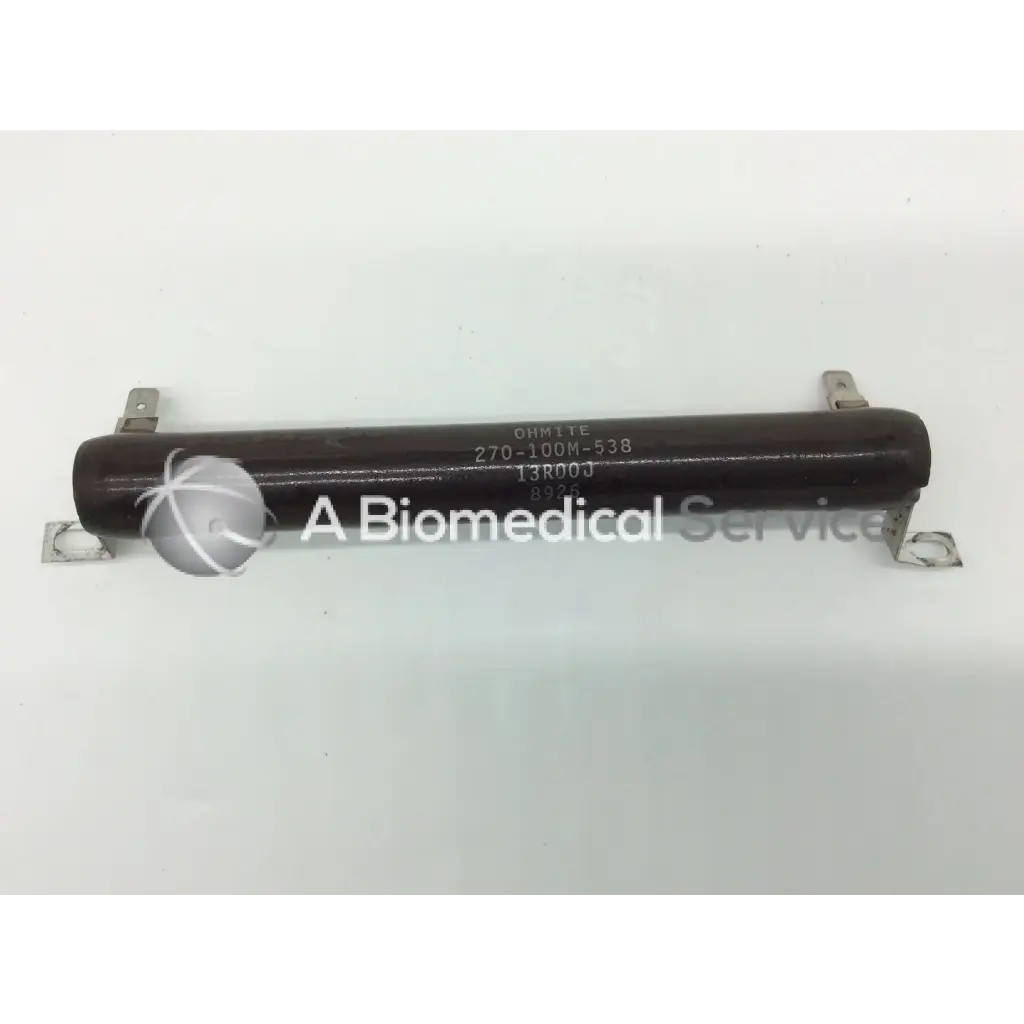 Dark brown cylindrical vitreous enamel resistor ohmite 270-100m-538 with metallic end terminals and printed specs