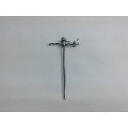 Silver surgical retractor with slender handle and adjustable arms in olympus cystoscopy resection set with aesculap sterilization case