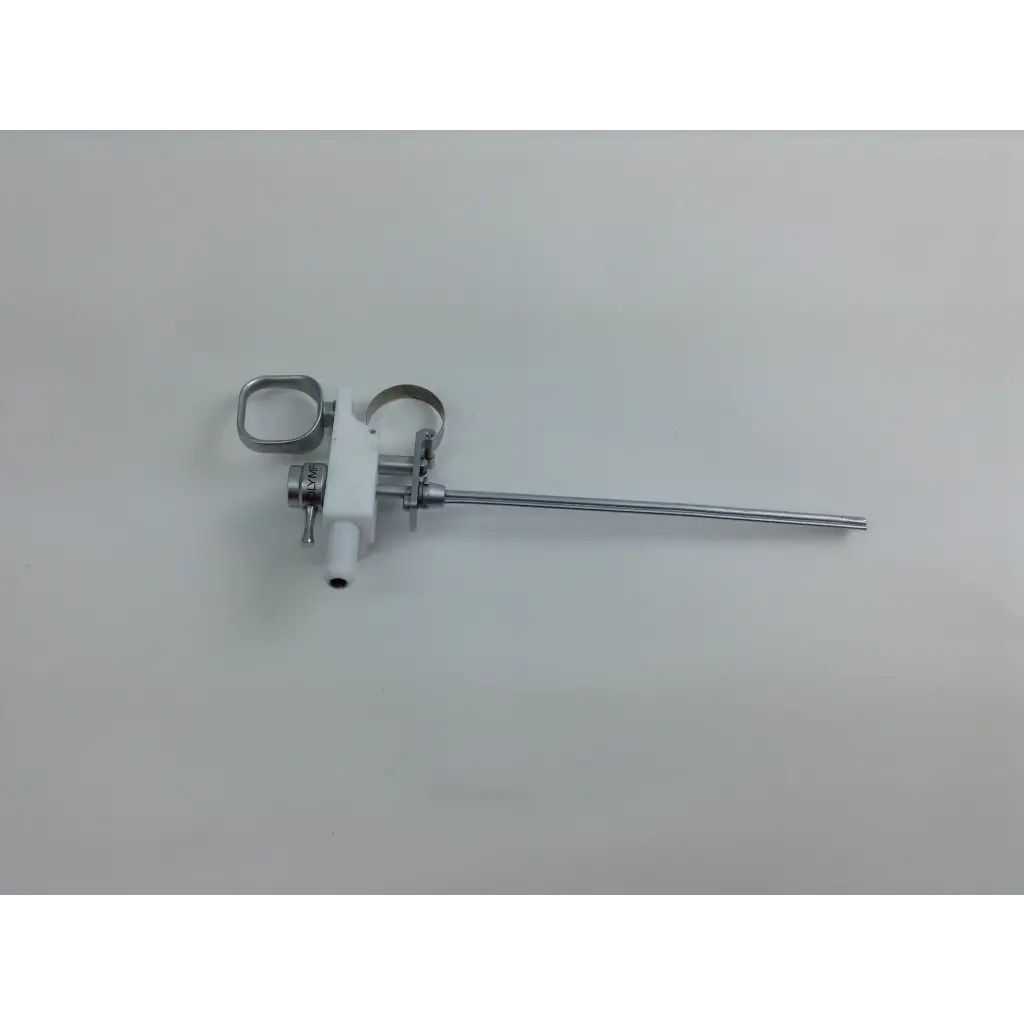 Silver surgical instrument with white plastic handle and metallic parts in olympus cystoscopy resection set with aesculap sterilization case