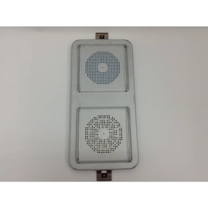 Gray metal traffic light housing with two circular perforated sections on the back of an olympus cystoscopy resection set with aesculap sterilization case