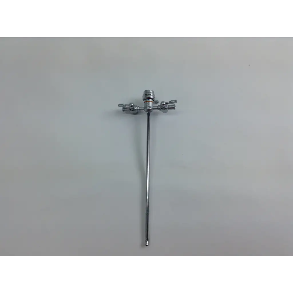 Silver surgical instrument with long slender shaft and dual side handles in olympus cystoscopy resection set with aesculap sterilization case