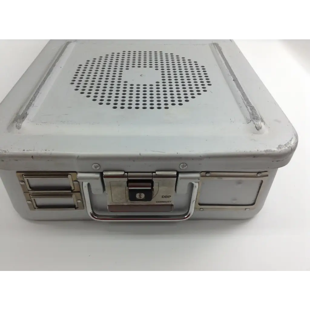 Silver metallic aesculap sterilization case with perforated top panel and sturdy handle for olympus cystoscopy resection set