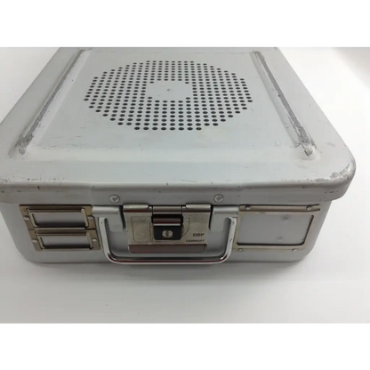 Silver metallic aesculap sterilization case with perforated top panel and sturdy handle for olympus cystoscopy resection set