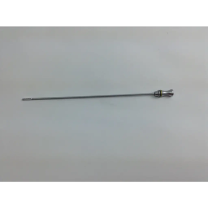 Silver surgical retractor with slender metallic shaft and textured handle from olympus cystoscopy resection set with aesculap sterilization case