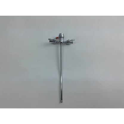 Shiny chrome olympus cystoscopy resection set with long slender shaft and three perpendicular handles in aesculap sterilization case