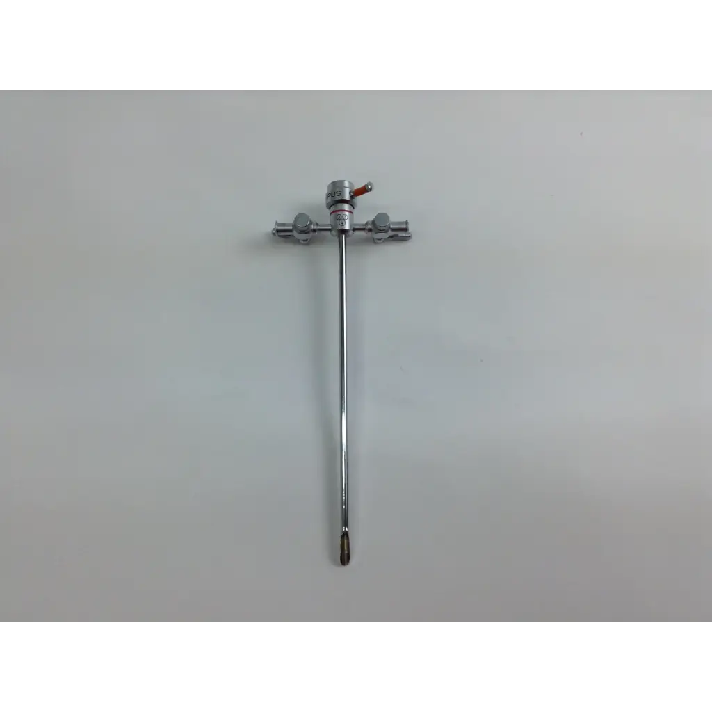 Silver surgical retractor with red-handled valve and three knobs in olympus cystoscopy resection set with aesculap sterilization case