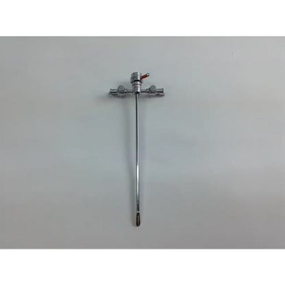 Silver surgical retractor with red-handled valve and three knobs in olympus cystoscopy resection set with aesculap sterilization case