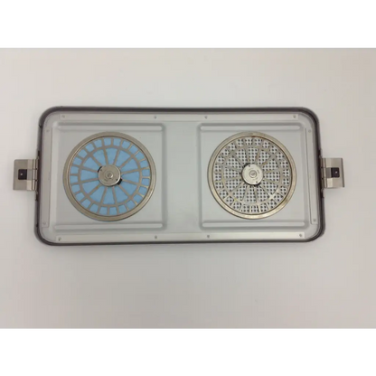 Rectangular electric griddle with two circular cooking surfaces in aesculap sterilization case for olympus cystoscopy resection set