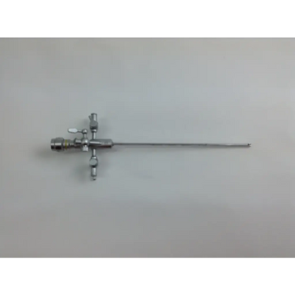 Silver surgical instrument with long slender shaft and articulated joints in olympus cystoscopy resection set with aesculap sterilization case