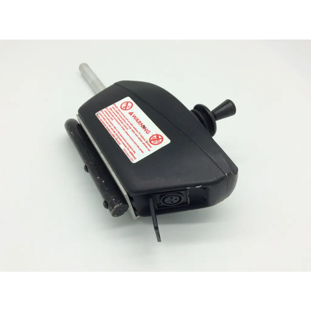 Black plastic motorized pilot joystick d49637 with metallic shaft and warning label for pride mobility jet wheelchair