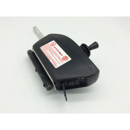 Black plastic motorized pilot joystick d49637 with metallic shaft and warning label for pride mobility jet wheelchair