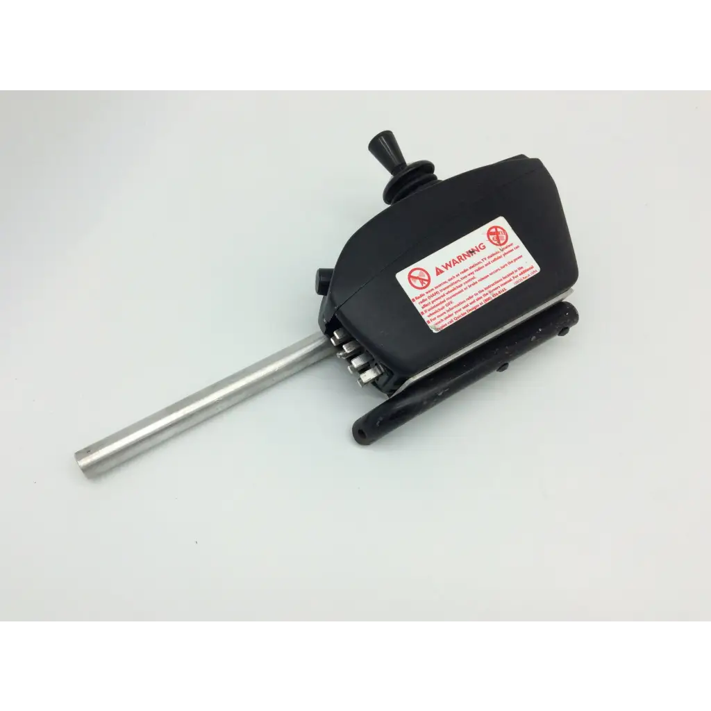 Black plastic pilot joystick d49637 with metallic shaft and warning label for pride mobility jet wheelchair