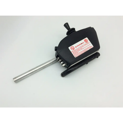 Black plastic pilot joystick d49637 with metallic shaft and warning label for pride mobility jet wheelchair