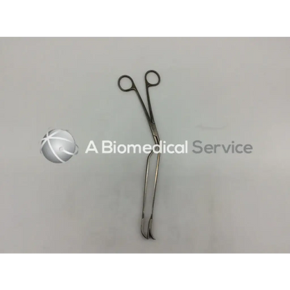 Silver lockwood abdominal demarcator stainless forceps 11mm wide with curved pointed tips and circular finger loops