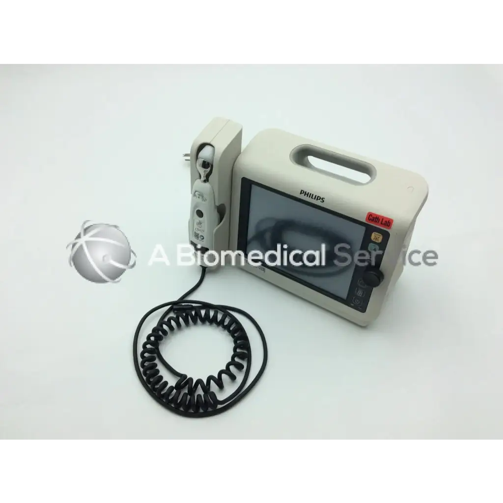 Beige philips healthcare suresigns vs4 vital signs monitor with coiled black cable and attached handheld device